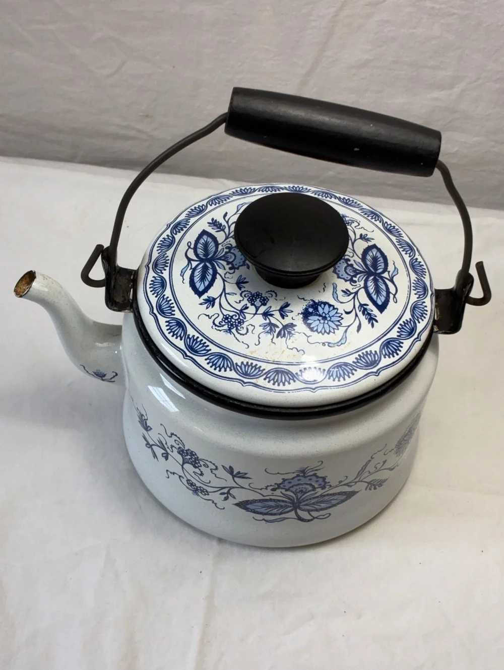 Vintage Blue and White Floral Enamelware Teapot Kettle with Black Handle